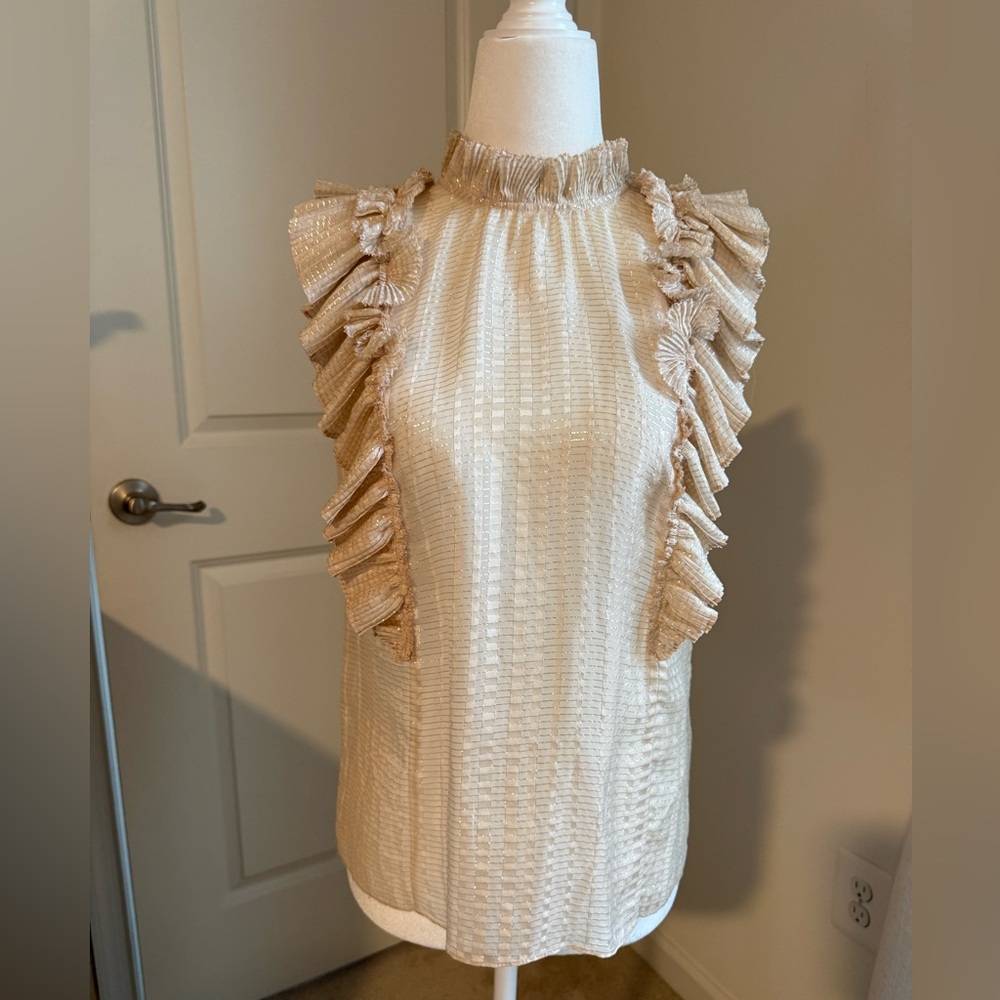 Rebecca Taylor Metallic Ruffle Front Sleeveless Blouse